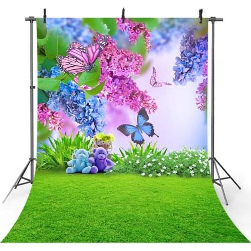 Spring Butterfly Backdrop for Photography Pink Purple Flowers Cute Bear Photo Background Easter Newborn Birthday Toys Backdrops