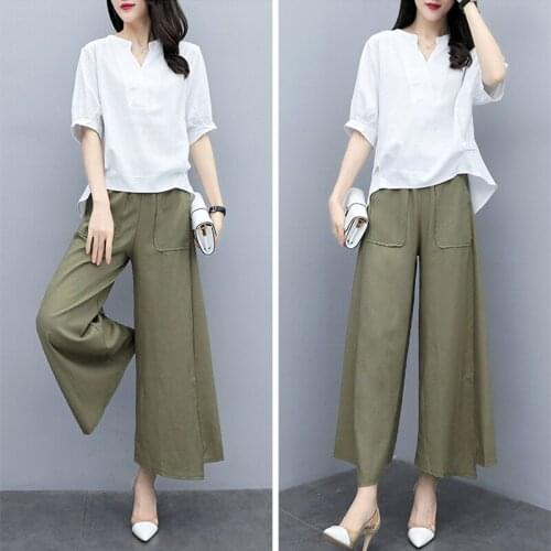 Summer Womens Wide Leg Pants Cotton Linen Fabric Casual Loose T Shirt + Casual Pants Two Piece Plus Size M-3XL Women Pants