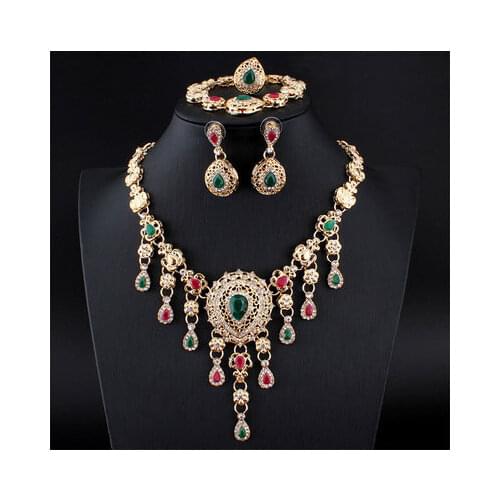 Water Drop Blue Red Rhinestones Jewelry Sets For Women Pendant/Necklace/Earrings/Bracelet RingIndian Jewelry Wedding Accessories