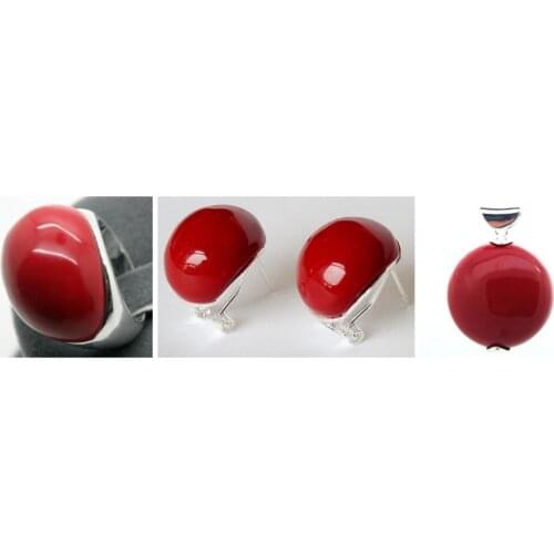 Beautiful Red Carved Lacquer Marcasite 925 Sterling Silver Ring(#7-10) Earrings & Pandent jewelry sets