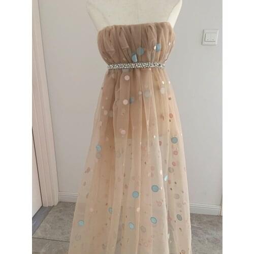 1 Yard Nude Tan Embroidered Lace Fabric With Polka Dots Deluxe Embroidery Mesh Lace Fabric