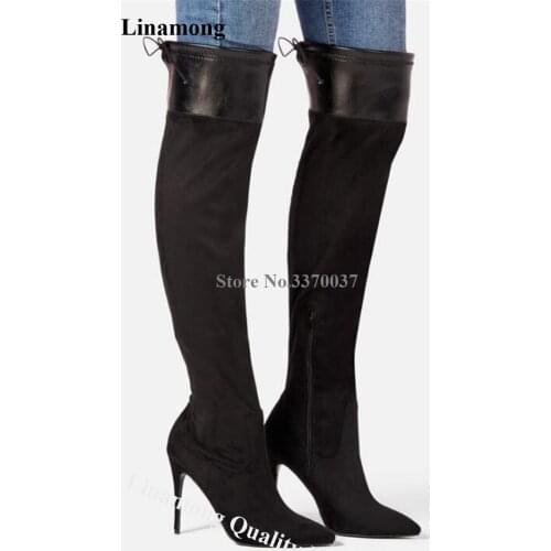 Linamong Newest Women Pointed Toe Suede Leather Patchwork Stiletto Heel Boots Over Knee Long High Heel Boots Winter Boots