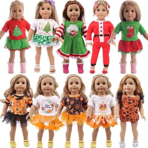 Doll Clothes Dress Halloween And Christmas Print Costume Cute For 18 Inch American Doll Girl & 43 Cm New Born Baby Items,Clothes