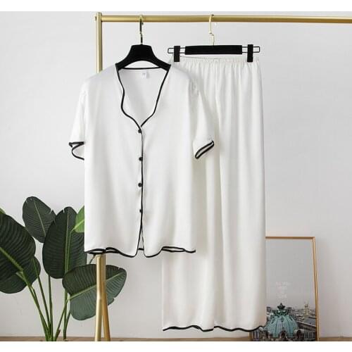 Women Pajama Set Lady Sleepwear Long Sleeve Ice Silk New Pyjamas V-Neck Trousers Autumn Fashion Women Pajamas Homewear White