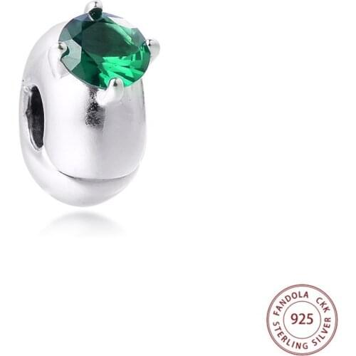 Fits Pandora Bracelet Green Round Solitaire Clip Charms 925 Sterling Silver Beads DIY Jewelry Making 2021 Valentine Gift New