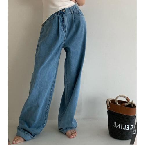 Casual Loose Wide Leg Jeans Trousers for Women Summer Ladies Korean Straight Pantalon High Waist Button Female Denim Pants WJ303