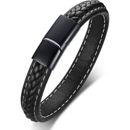 Real Bestxy free shipping custom logoMens Womens Bracelet Braided Black Leather Stainless Charm Wrap Wristband Gift