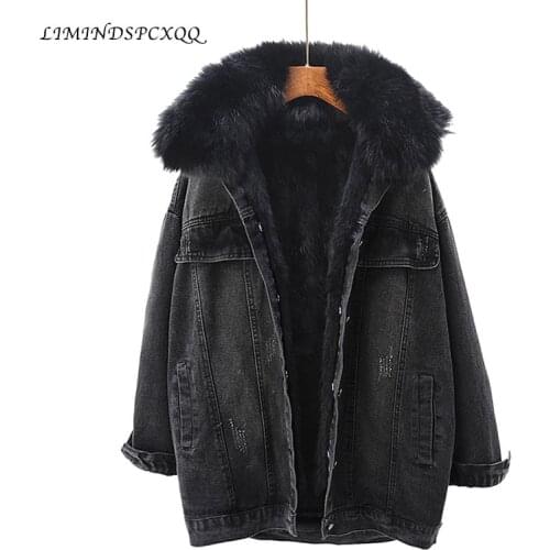 Winter Autumn Warm Fur Coat Natural Fur Collar Rabbit Hair Liner Denim Fur Jacket Women Female Retro Fur Parkas Fur Outerwear