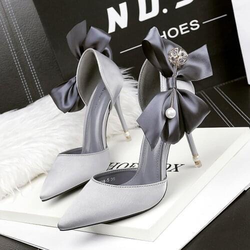 Fashion High Heels Bowknot Woman Pumps Silk Women Heels Shoes Stiletto Pearl Wedding Shoes Sexy High Heels Sandals Ladies Shoes