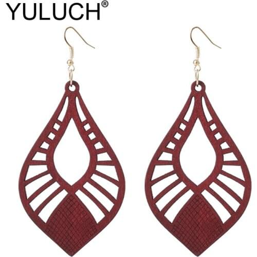 YULUCH Vintage Women Hollow Geometric Natural Wood Long Earrings Fashion Jewelry Ethnic African Pendant Earrings For Lady Party