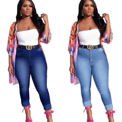 FNOCE 2020 new womens jeans pants fashion casual trends street elegant solid high waist tight stretch slim denim pencil pants