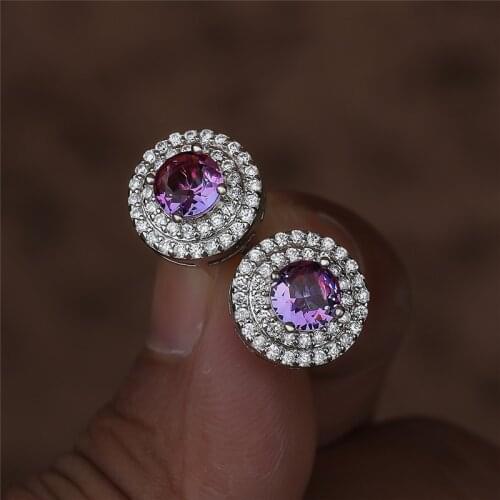 Blue Purple Round Zircon Full Stone Stud Earrings For Women Wedding Jewelry Female Luxury Rainbow Crystal Cute Small Earrings