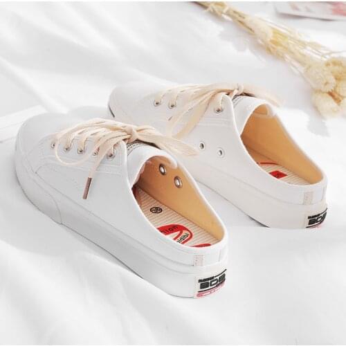 Small White Shoes Female 2018 Summer New Flat Bottom No Heel Half Drag Lazy One Pedal Canvas Shoes