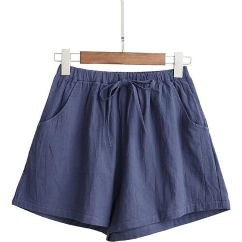 Women Loose Casual Solid Color High Waist Drawstring Pockets Elastic Cotton Shorts 2021