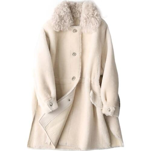 Real Fur Womens Coat Korean Autumn Winter Jacket Women Clothes Vintage Sheep Curl Fur Collar Wool Coat PU Lining ZT1492