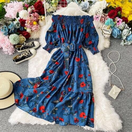 Bohemian Summer Vacation Beach Women Floral Print Chiffon Dress Sexy Slash Neck Off Shoulder Blue/Red Dresse Female 2020 New