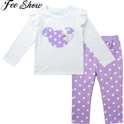 2PCS Baby Kids Girls Cartoon Clothes Long Sleeved T-shirts Tops+Polka Dots Pants Outfits Kids Bebes Tracksuits Jogging Suits set