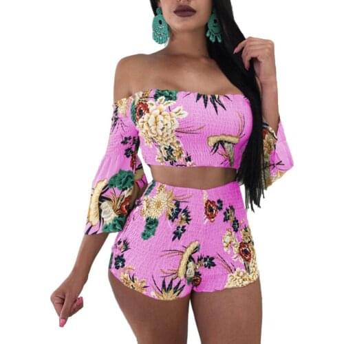 2Pcs/Set Women Flower Print Pleated Off Shoulder Half Sleeve Crop Top Shorts