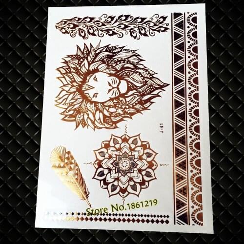 25 Styles Hot Gold Metallic Lion Tattoo Flash Mandala Flower Tatoo For Women Body Art Fake Waterproof Temporary Tattoo Stickers