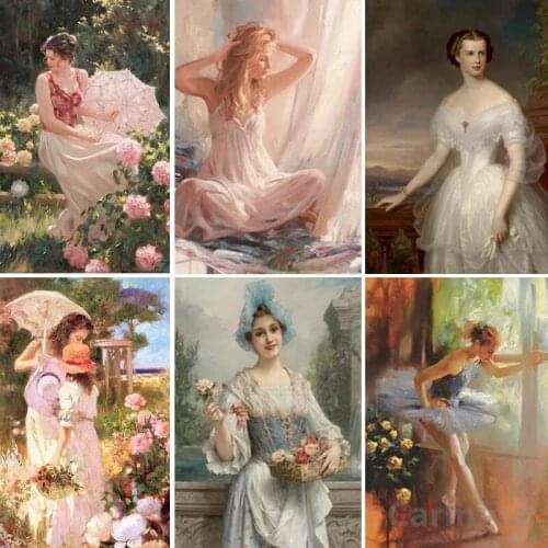 DIY 5D Diamond Painting Retro Oil Painting Girl Cross Stitch Picture Full Round&Square Drill Living Room Bedroom Home Decoration