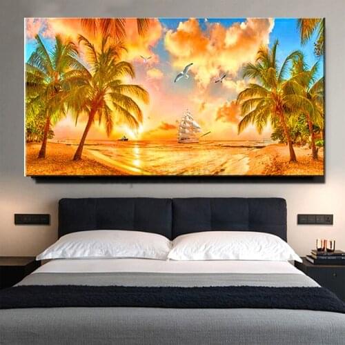 5d Diy Diamond Painting Sunrise sea Landscape coconut tree Full Sqaure Round Drill Cross Stitch Embroidery Rhinestone TT5669