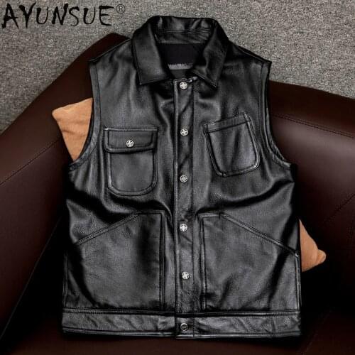 AYUNSUE High Quality Mens Jackets Genuine Leather Vest Men 100% Cowhide Coat Plus Size Spring Autumn 2021 De Cuero Genuino