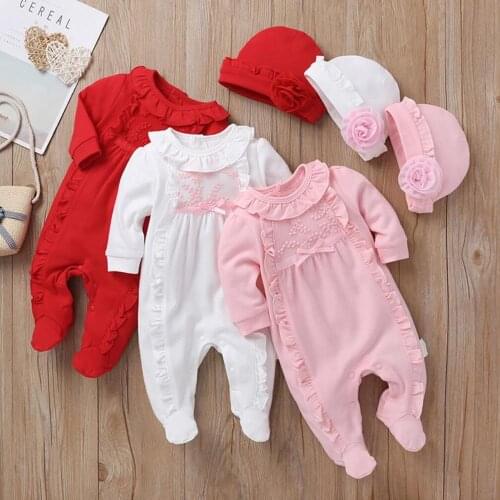 Free Hat Newborn Baby Girl Princess Full Moon Costume Kids Cotton Floral Ruffles Romper Jumpsuit Bodysuit Infant Clothes Outfit