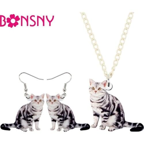 Bonsny Acrylic Sweet Cat Kitten Earrings Necklace Chain Collar Cheap Cute Animal Jewelry Sets For Women Girls Pet Lovers Gift