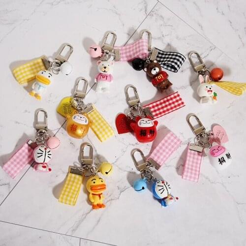 Omamori Animal Ducks Bell Keyrings Dangle silk ribbon Keychain Maneki Neko Fortune Charm Keyrings Bag Pendant J32