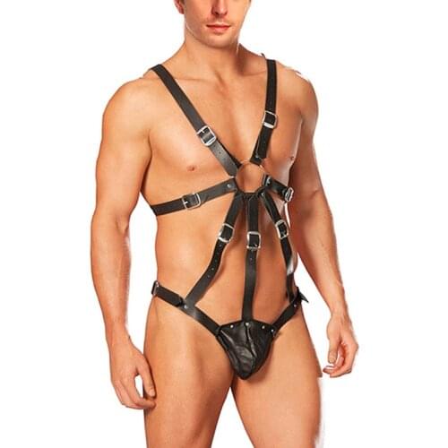 Men Sexy Leather Bondage Bodysuit Teddy Trunks Faux Vinyl Male Erotic Jumpsuit Fetish Gays Jockstrap Lingerie Clubwear Sex Suit