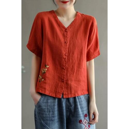 Summer Linen Tshirts Women Vintage Solid Color Embroidery Floral V-Neck Collar Short Sleeve Female Fashion Tees