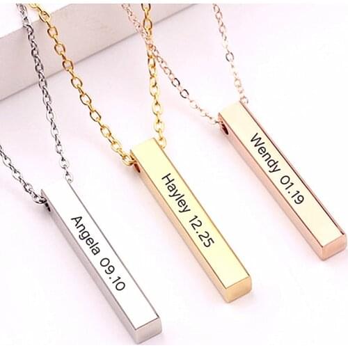 Custom 4-Sided 3D Vertical Bar Pendant Necklace,Personalized A Commemorative Necklace Engraved With A Name And A Specific Date