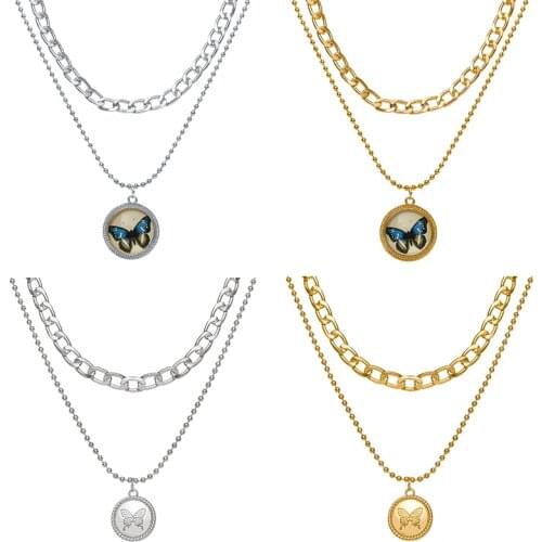 Trendy Multilayer Butterfly Coin Pendant Necklace For Women Gold Silver Color Thick Chain Necklaces 2021 Trend Jewelry