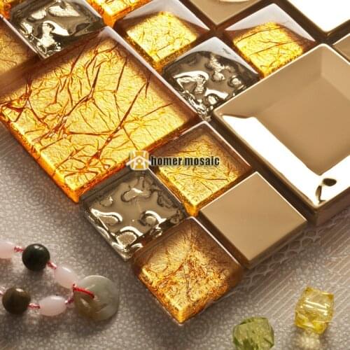 Gold yellow crystal glass mixed stainless steel mosaic tiles HMGM2085A for kitchen backsplash bathroom shower hallway wall