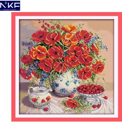 NKF Poppy and Cherry Pattern 11CT 14CT DIY Kit Cross Stitch Kits for Embroidery Needlework Cross Stitch for Home Decoration