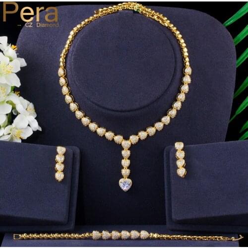 Pera Romatic Wedding Party Costume Jewelry Sets Long Love Heart CZ Stone Drop Necklace Earrings and Bracelet Set for Women J321