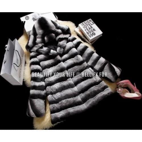 New Fashion Russian Style Women Real Rex Rabbit Fur Coat With hood Chinchilla Fur Coats and Jackets CW233