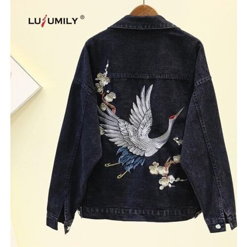 Lusumily New Denim Jacket Women Loose Cowboy Outwear Loose Spring Coat Embroidery Jean Jacket Casual Top Female Denim Coat