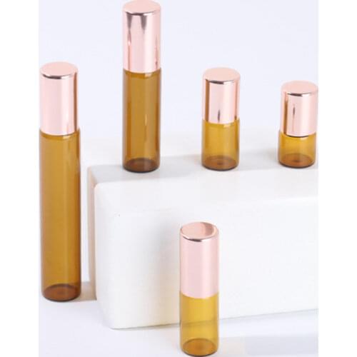 2020 New 500pcs 1ml 2ml 3ml 5ml Amber Perfume Glass Roll on Bottle with Glass/Metal Ball Brown Roller Essential Oil Vials