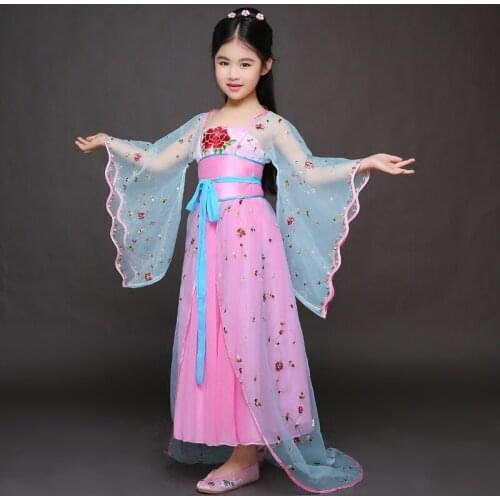New Design Fairy Princess Ancient Chinese Clothes Chinese Folk Dance Robe Dress Classical Dance Costumes for Childrens Day
