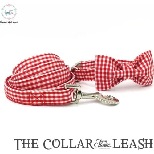 Dog Collar and Perro Leash Set with Bow Tie Personal Custom Adjustable Pet Puppy 100% Cotton Dog Cat Necklace Red Striped