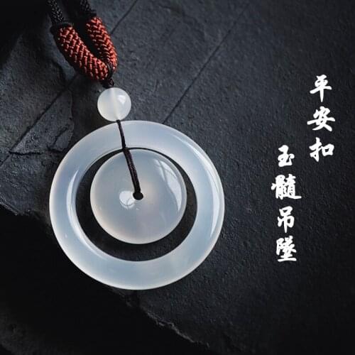 Natural white jade handcarved safety button pendant simple retro pendant temperament jewellery fashion for women men