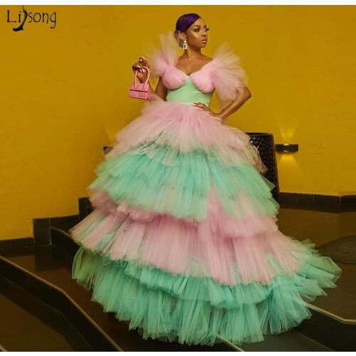 Attractive Mix Color Tulle Prom Dresses 2020 Pink And Green Ruffles Tiered Lush Ball Gowns Women New Year Party Dress