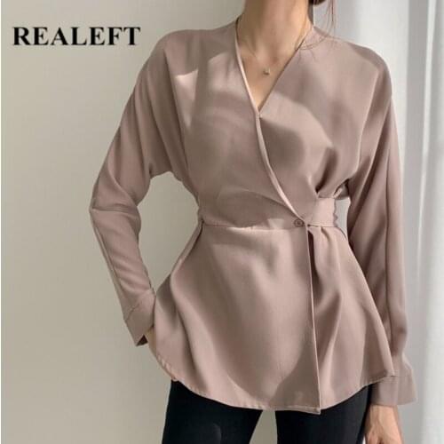 REALEFT 2021 New Spring Elegant V-Neck Womens Blouse Button Casual Loose Female Blouse Lace Up Tops Chic Workwear Bow Shirts