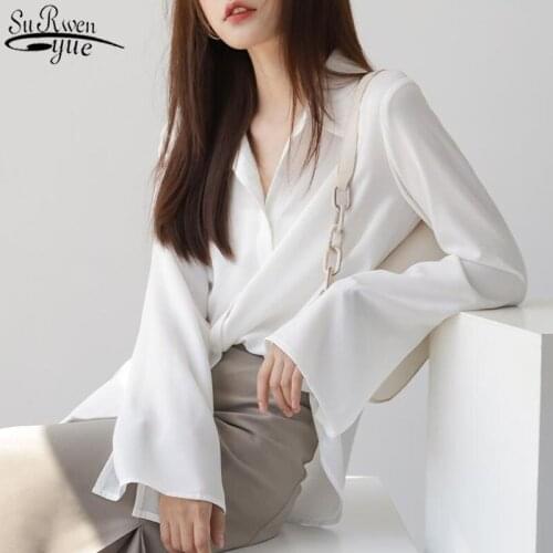 Chiffon Long Sleeve Women Shirt Autumn 2021 New Lazy Loose Top Trumpet Sleeve Solid White Shirt Women Blusas Mujer 12608