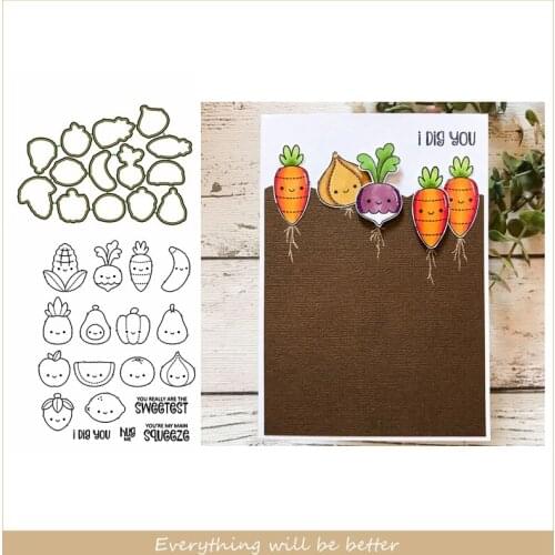Mix Food Vegetable Fruit Banana Carrot Letter Words Metal Cutting Dies Match Clear Silicone Stamps Scrapbook Craft Cards Stencil