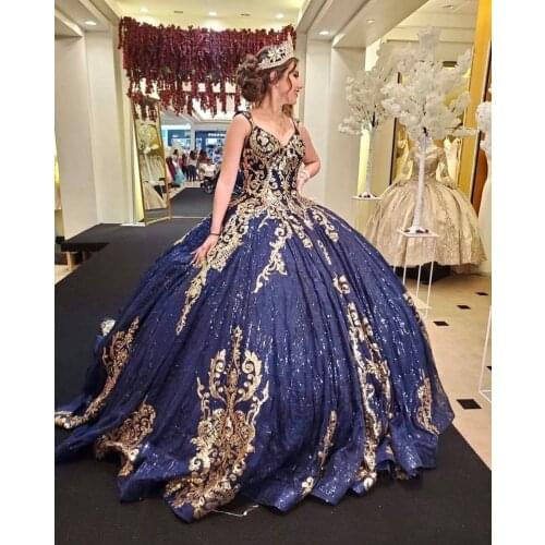 Navy Blue vestidos de xv 15 años Sequined Quinceanera Dresses Corset Back Ball Gown Prom Sweet 16 Dress robe de princesse fille