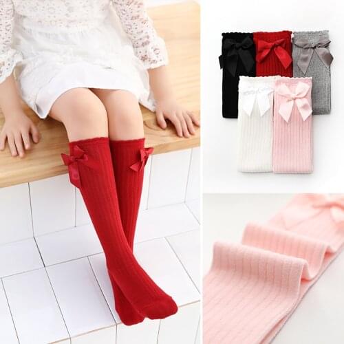 Spring girls over Knee High Socks Breathable lovely Vintage satin Bow tie baby infant socks cotton section socks for child girl