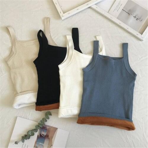 Korean Solid Color Knitted Camisole Tanks Women Plus Velvet Warm Slim Sleeveless Bottoming Shirt Top