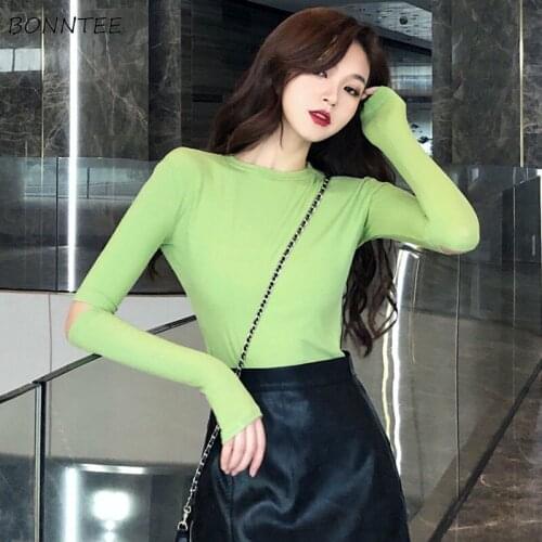 Women T-shirts O-neck Solid Hole Skinny Designer Fashion Ulzzang Elegant Soft All-match Streetwear High Quality Popular Females